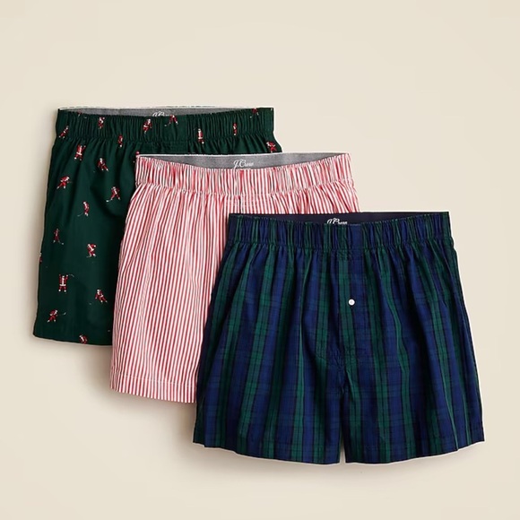 NWT J. Crew Cotton poplin boxers three-pack plaid Christmas Santa stripes - Picture 1 of 6